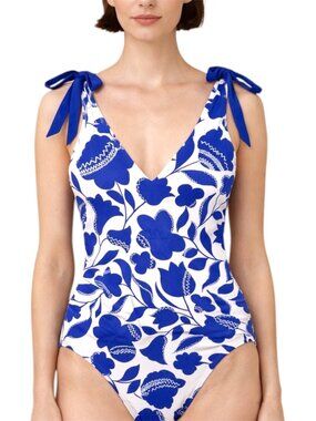 Kate Spade New York Blue White Zigzag Floral One Piece Swimsuit Size M